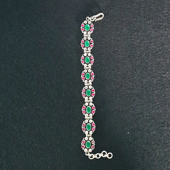 Vintage Mughal Revival 925 Silver Genuine Ruby & Green Crystal Floral Bracelet - Picture 11 of 13